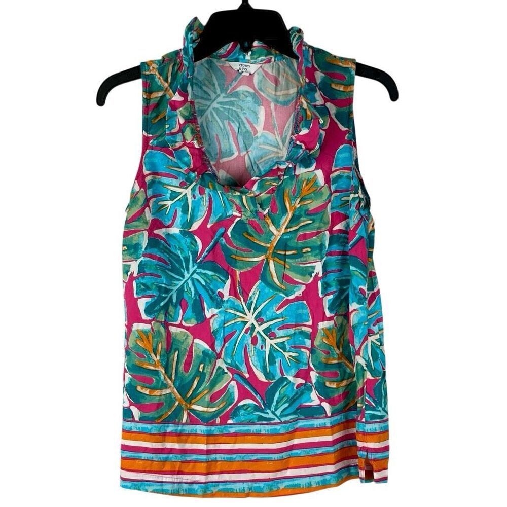Crown & Ivy Multicolored Tropical Leaf Floral Ruffled V-neck Tank Top Small